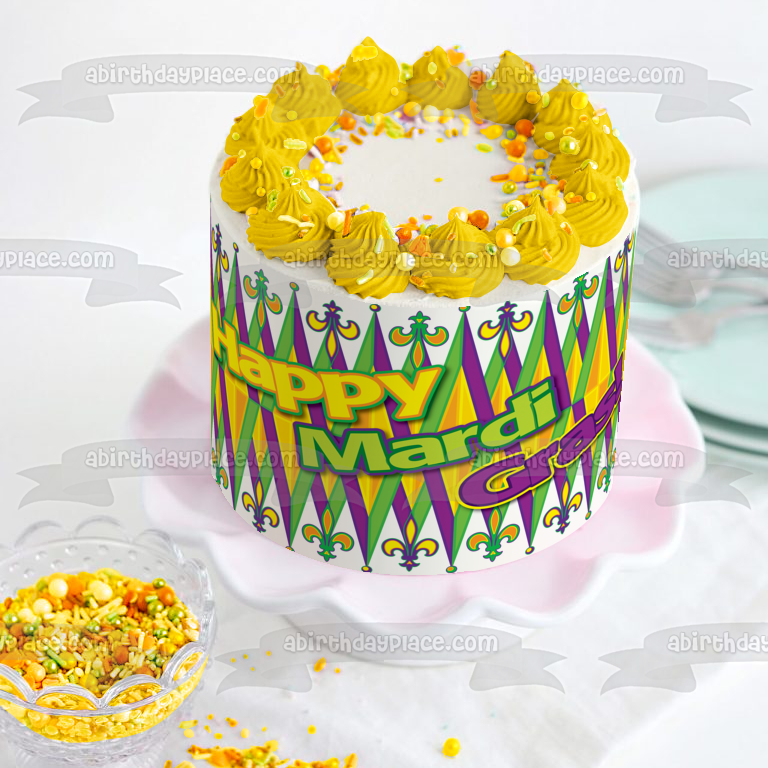 Happy Mardi Gras - Decoración comestible para tarta, color verde, morado y amarillo, imagen ABPID13519 