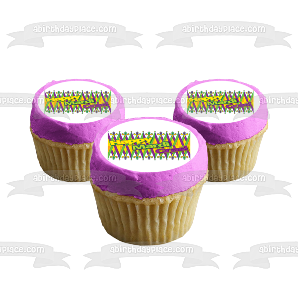 Happy Mardi Gras - Decoración comestible para tarta, color verde, morado y amarillo, imagen ABPID13519 