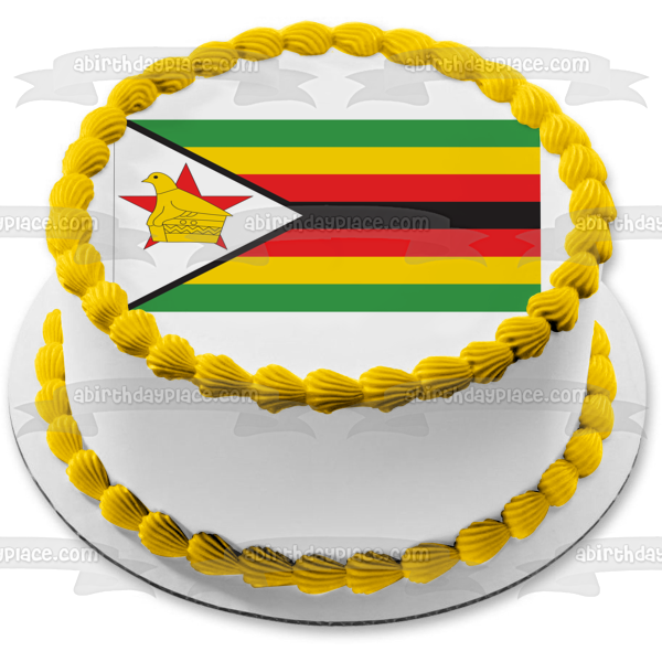 Flag of Zimbabwe Red Yellow Black Stripes White Red Star Gold Edible Cake Topper Image ABPID13533