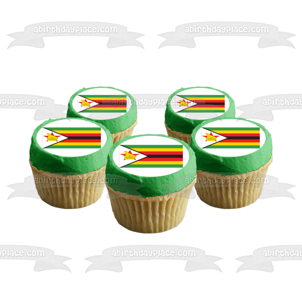 Flag of Zimbabwe Red Yellow Black Stripes White Red Star Gold Edible Cake Topper Image ABPID13533