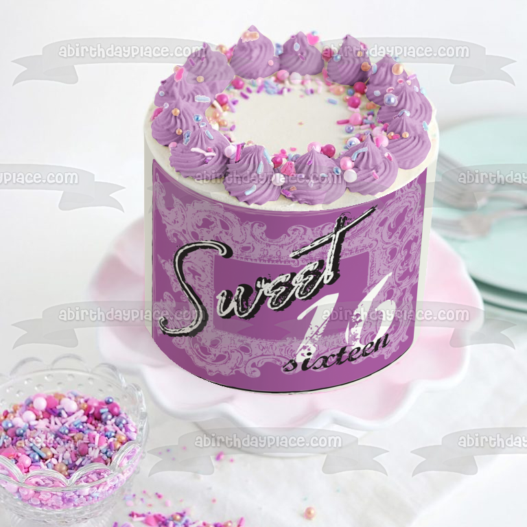 Sweet 16 Purple Background Happy Birthday Edible Cake Topper Image ABPID13560