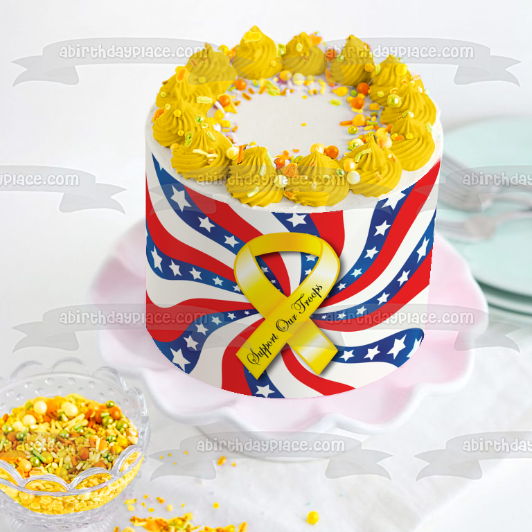 Apoye a nuestras tropas Cinta amarilla Rojo Blanco Azul Bandera ondeante Fondo de estrellas blancas Imagen comestible para decoración de tarta ABPID13566 