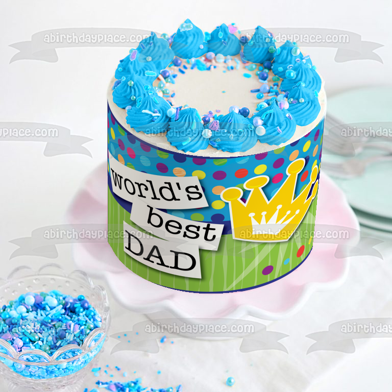 Imagen comestible para decoración de tarta con fondo de lunares y corona dorada del mejor papá del mundo ABPID13569 