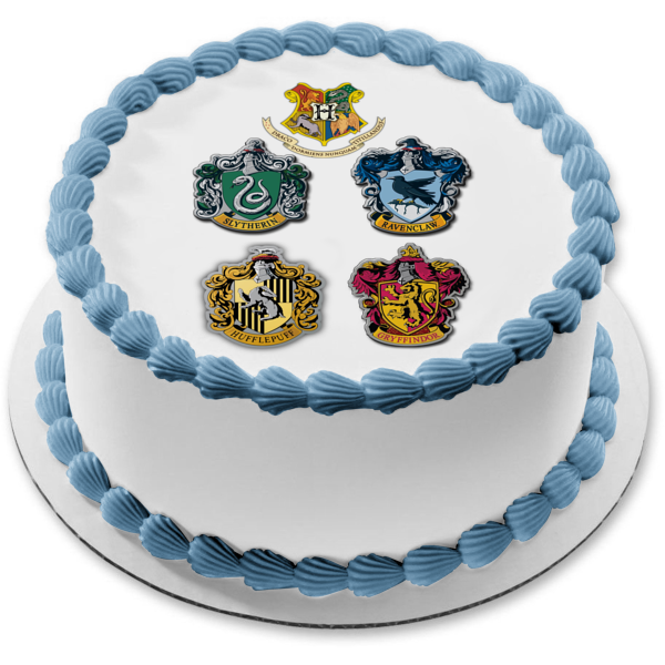 Harry Potter House Shields Slytherin Ravenclaw Hufflepuff Gryffindor Adorno comestible para tarta Imagen ABPID15301 