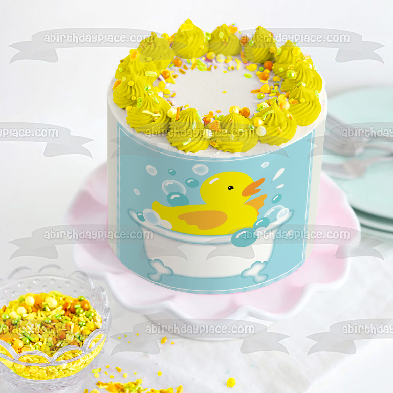 Rubber Ducky Bathtub Bubbles Blue Background Edible Cake Topper Image ABPID13572