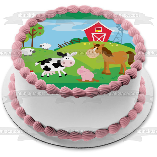 Decoración comestible para tarta con animales de granero, pollo, cerdo, caballo, vaca, corderos, pollitos, granero, imagen ABPID13591 