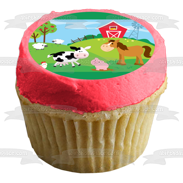 Decoración comestible para tarta con animales de granero, pollo, cerdo, caballo, vaca, corderos, pollitos, granero, imagen ABPID13591 