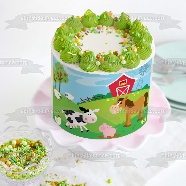 Decoración comestible para tarta con animales de granero, pollo, cerdo, caballo, vaca, corderos, pollitos, granero, imagen ABPID13591 