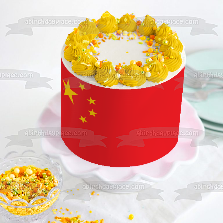 Imagen de decoración comestible para tarta con estrellas rojas y amarillas de la bandera de China ABPID13595 