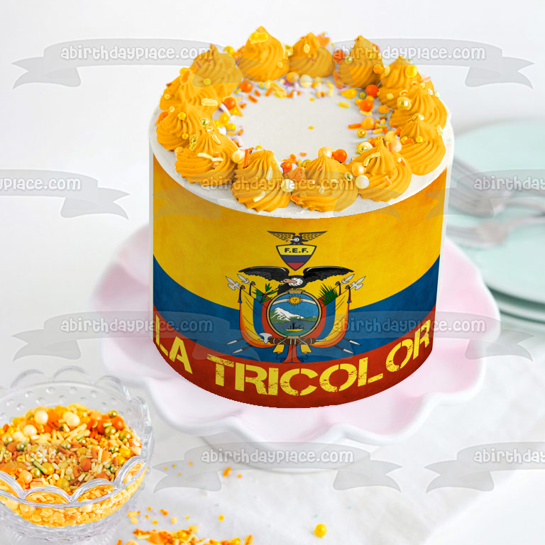 Adorno comestible para tarta con bandera de Ecuador, La Tricolor, imagen ABPID20624 