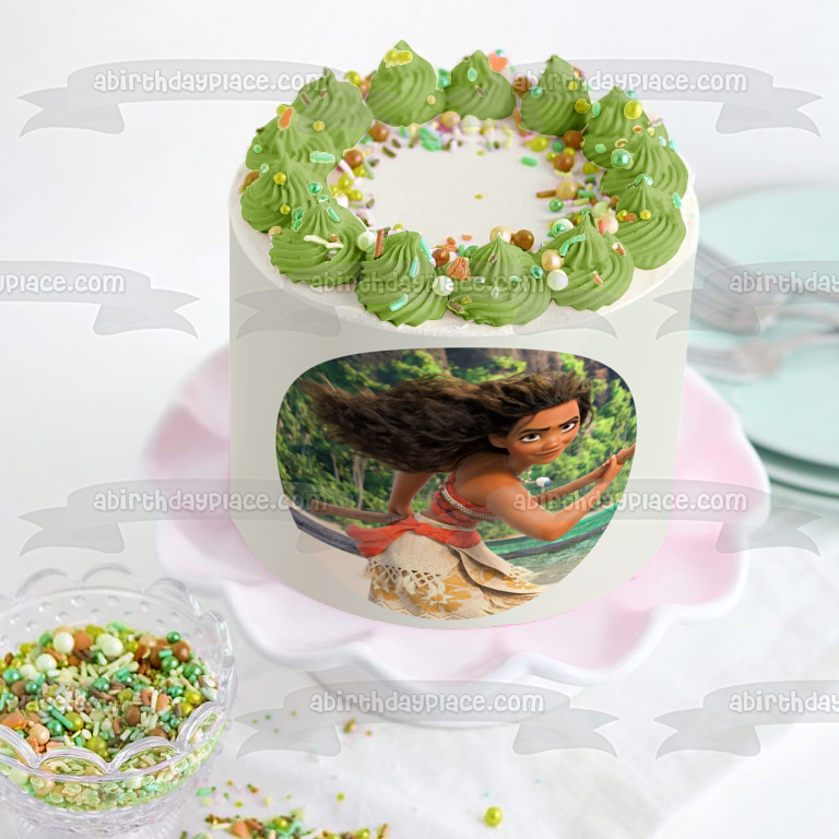 Adorno comestible para tarta con arena del océano y árboles de Moana de Disney, imagen ABPID15409 