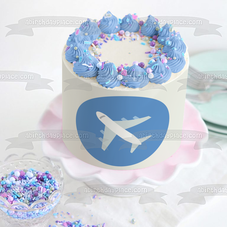 Cartoon Travel White Airplane Blue Background Edible Cake Topper Image ABPID15491