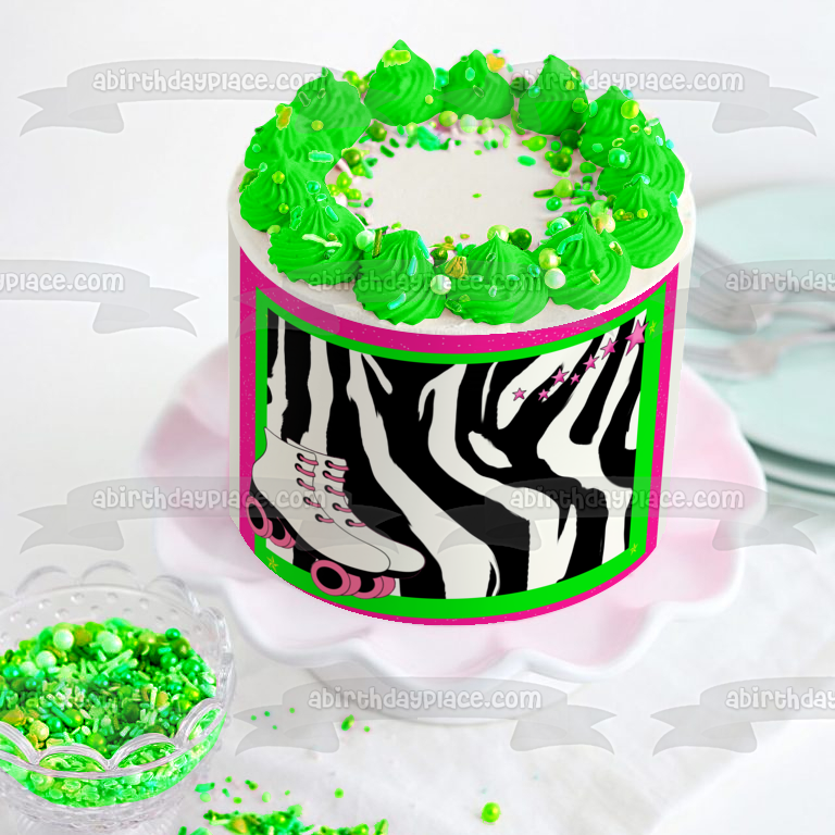 Roller Skates Pink and White Zebra Print Background Pink Edges Edible Cake Topper Image ABPID21591