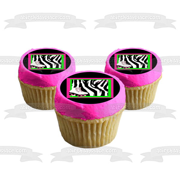 Roller Skates Pink and White Zebra Print Background Pink Edges Edible Cake Topper Image ABPID21591