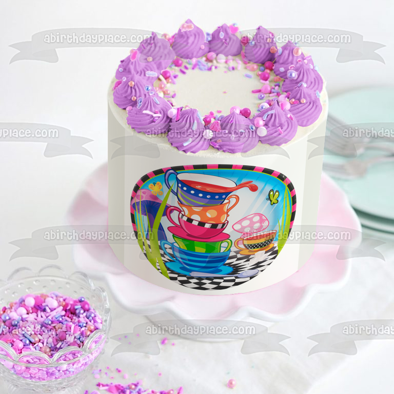 Cartoon Stacked Teacups Butterflies Mushrooms Edible Cake Topper Image ABPID21727