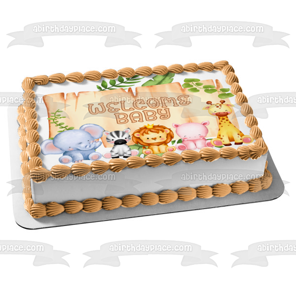 Acuarela Letrero de madera Animales de safari Baby Shower o fiesta de cumpleaños Adorno comestible para pastel Imagen o tiras ABPID56268 