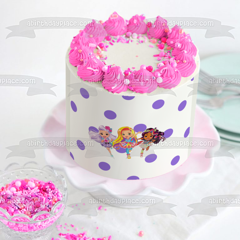 Sunny Day Rox Blair Purple Polka Dot Background Edible Cake Topper Image ABPID21764