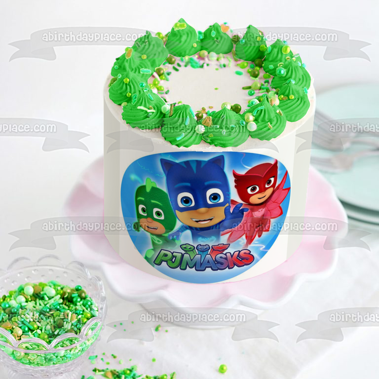 Pj Masks Cat Boy Gekko Owlette Fondo azul Adorno comestible para tarta Imagen ABPID21769 