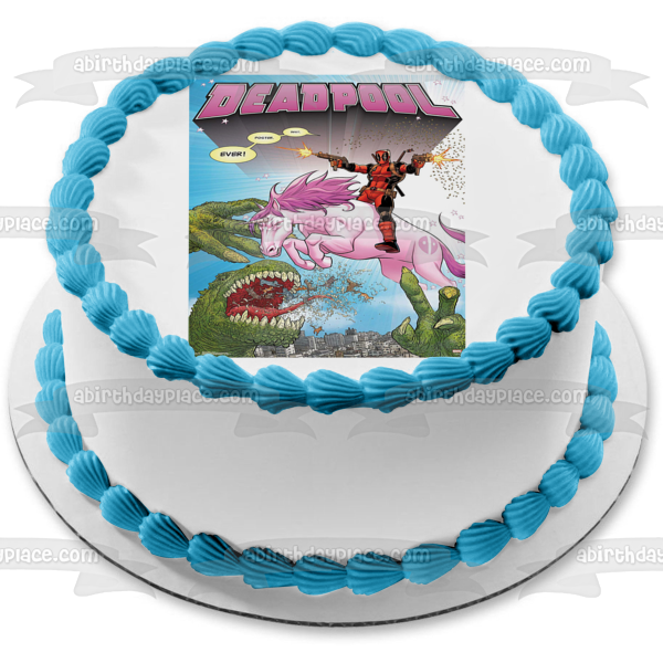 Deadpool Riding Purple Horse and Shooting at a Green Dinosaur Edible Cake Topper Image ABPID21780