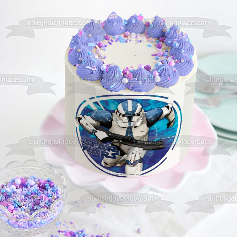 Adorno comestible para tarta con fondo azul de Star Wars Storm Trooper, imagen ABPID22025 