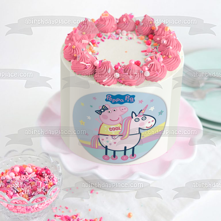 Peppa Pig montando unicornio estrellas arcoíris adorno comestible para tarta imagen ABPID21809 