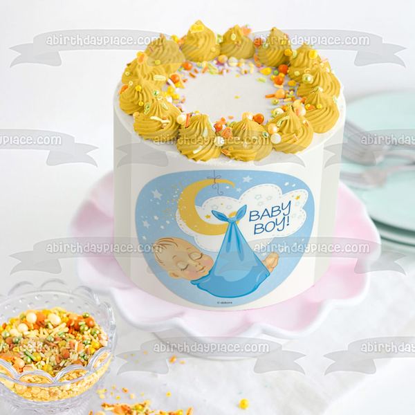 Baby Shower Baby Boy In Blanket Moon Stars Cloud Edible Cake Topper Image ABPID21819