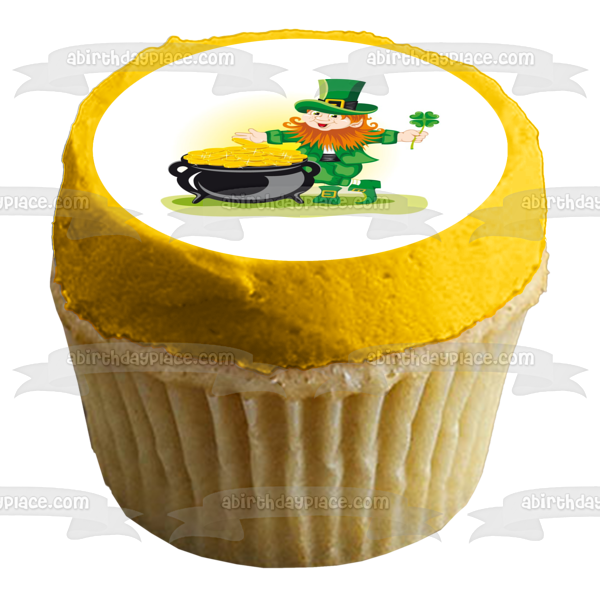 St. Patricks Day Cartoon Leprechaun Pot of Gold 4 Leaf Clover Edible Cake Topper Image ABPID22063