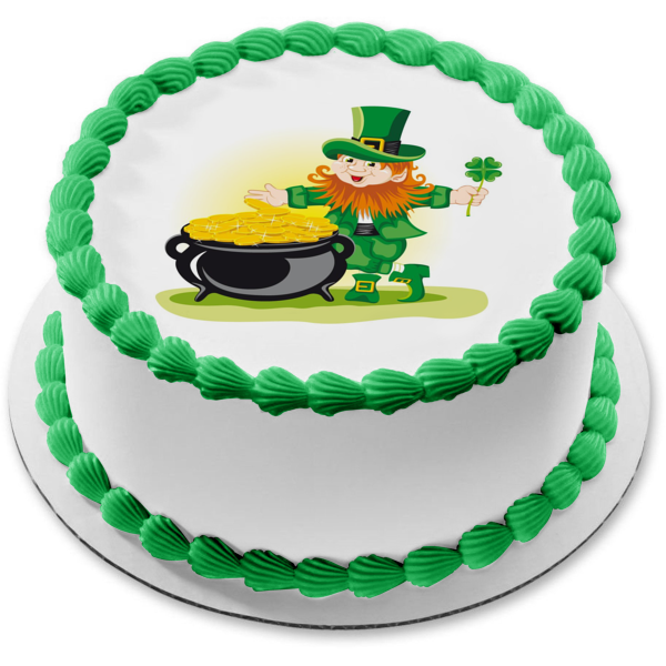 St. Patricks Day Cartoon Leprechaun Pot of Gold 4 Leaf Clover Edible Cake Topper Image ABPID22063