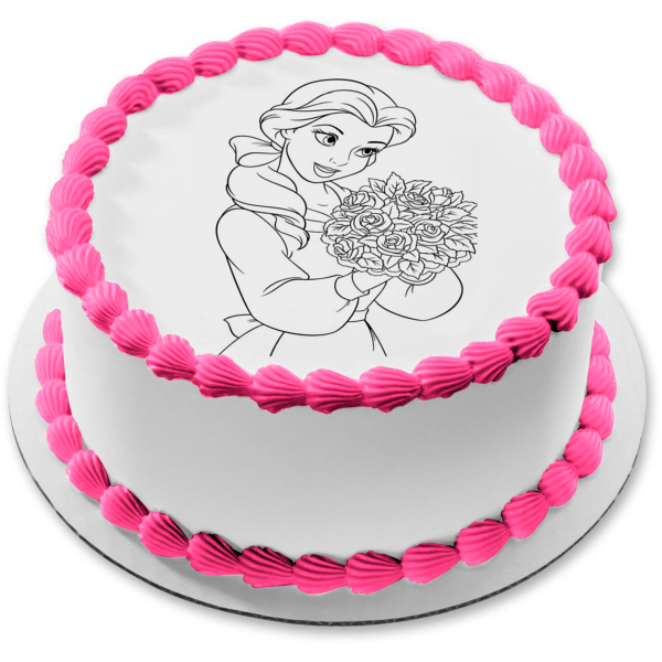 Disney Princess Beauty and the Beast Belle Flowers Black and White Edible Cake Topper Image ABPID22073