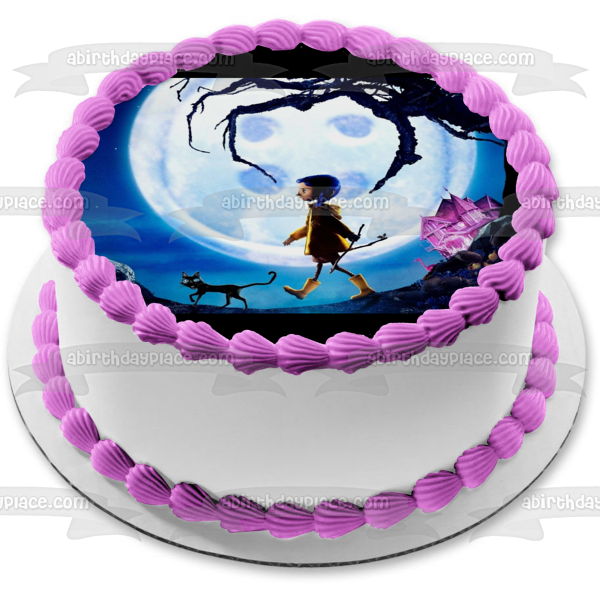 Coraline the Cat Scary Trees Purple Haunted House Edible Cake Topper Image ABPID22088