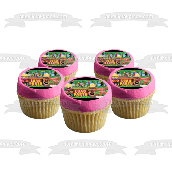 Imagen comestible para tarta hawaiana Luau Party Flamencos Loros Tikis ABPID22120 