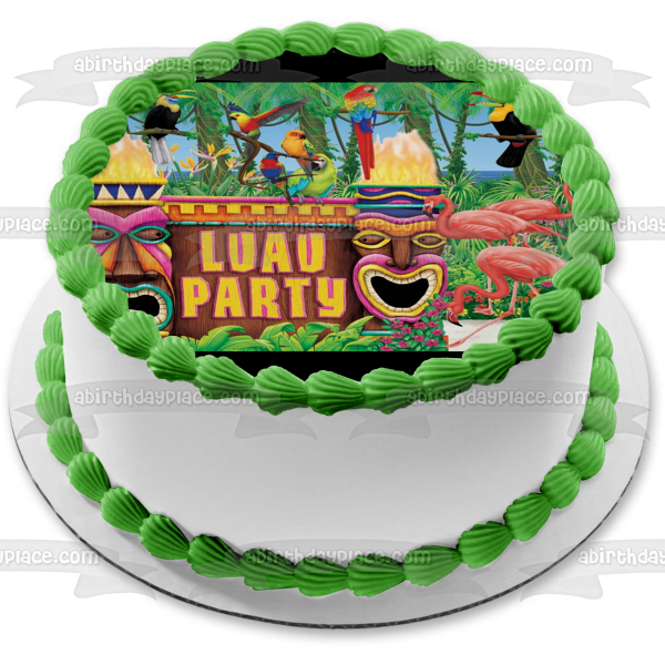 Imagen comestible para tarta hawaiana Luau Party Flamencos Loros Tikis ABPID22120 