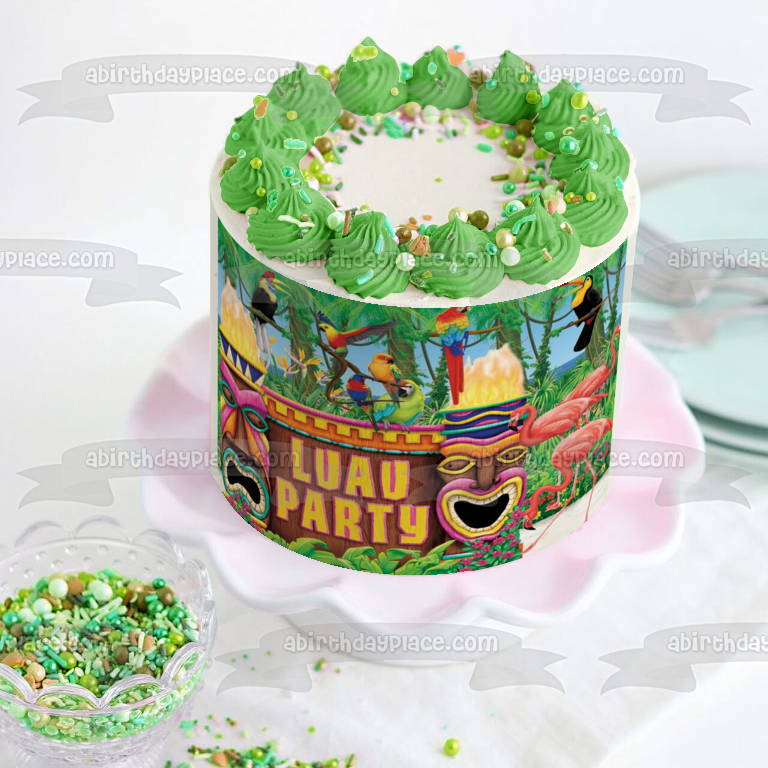 Imagen comestible para tarta hawaiana Luau Party Flamencos Loros Tikis ABPID22120 