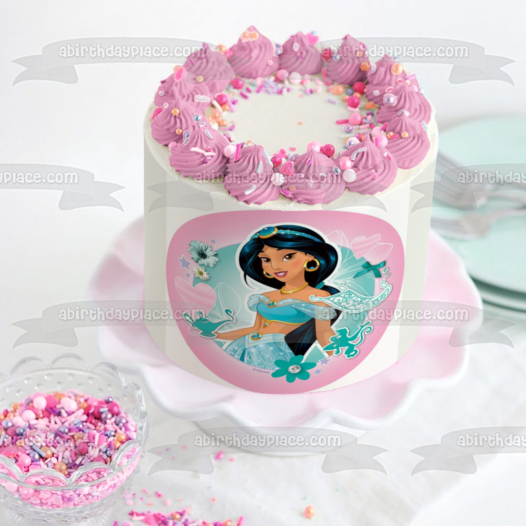 Princesa Disney Jasmine Aladdin Flores Corazones Fondo Rosa Adorno Comestible Para Pastel Imagen ABPID21893 