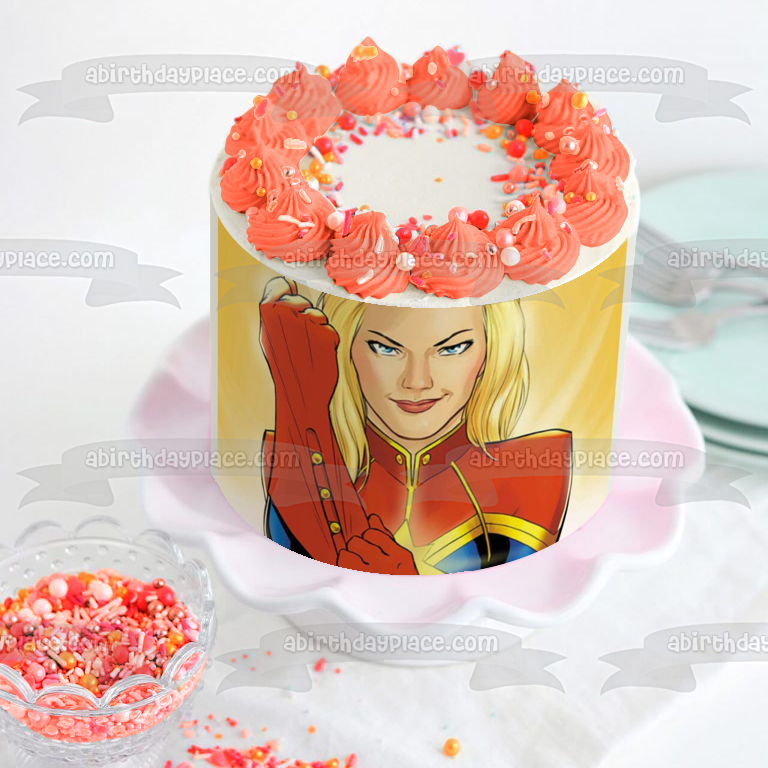 Marvel Captain Marvel Tan Background Edible Cake Topper Image ABPID21898