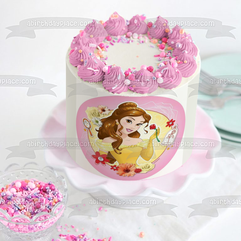 Decoración comestible para tarta con flores de espejo de Bella y la Bestia de la Princesa Disney, imagen ABPID22157 