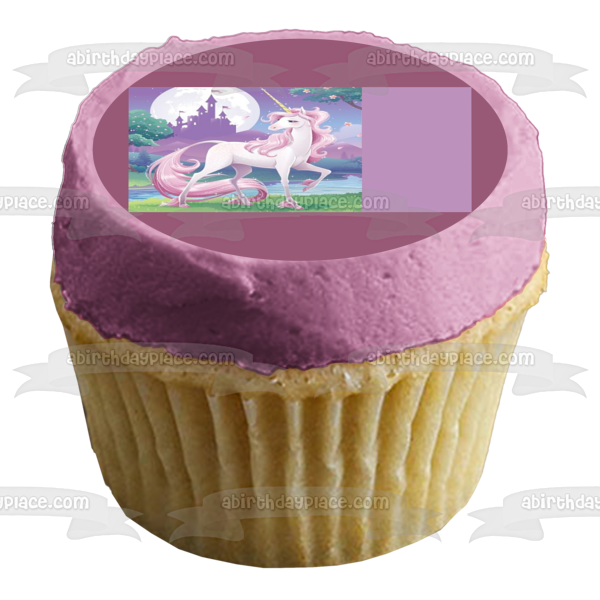 Unicorn Pink Hair Trees Castle Moon Edible Cake Topper Image ABPID22162