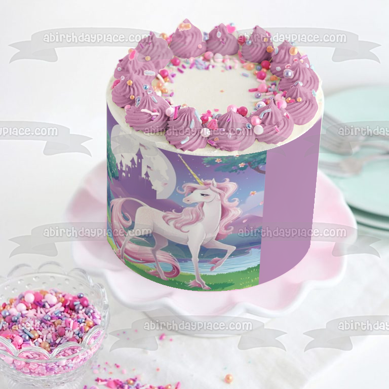 Unicorn Pink Hair Trees Castle Moon Edible Cake Topper Image ABPID22162