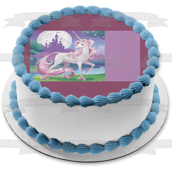 Unicorn Pink Hair Trees Castle Moon Edible Cake Topper Image ABPID22162