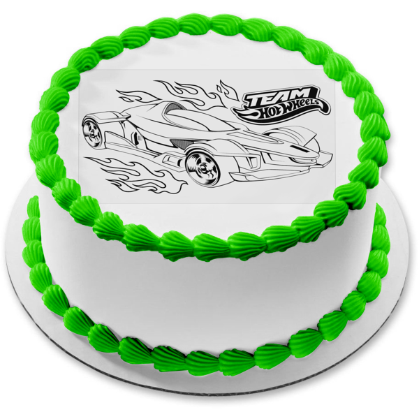 Dibujo del coche del equipo Hot Wheels, decoración comestible para tarta en blanco y negro, imagen ABPID21928 