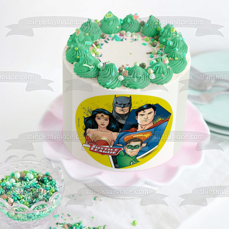 Liga de la Justicia Superman Linterna Verde Mujer Maravilla Batman Fondo Amarillo Imagen comestible para tarta ABPID21930 