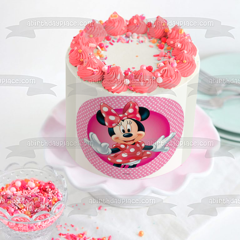 Adorno comestible para tarta con fondo de lunares blancos y rosas de Minnie Mouse de Disney, imagen ABPID21931 