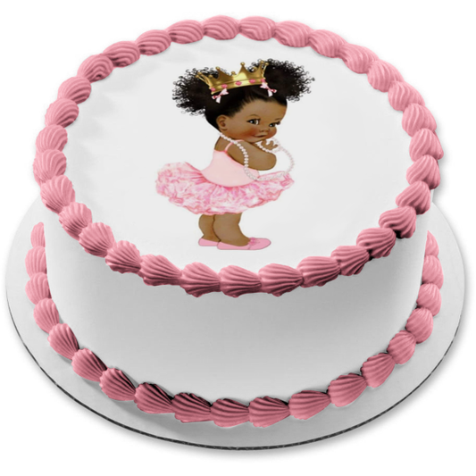 African American Baby Girl Ballerina Dress and Shoes Gold Crown Edible Cake Topper Image ABPID22326