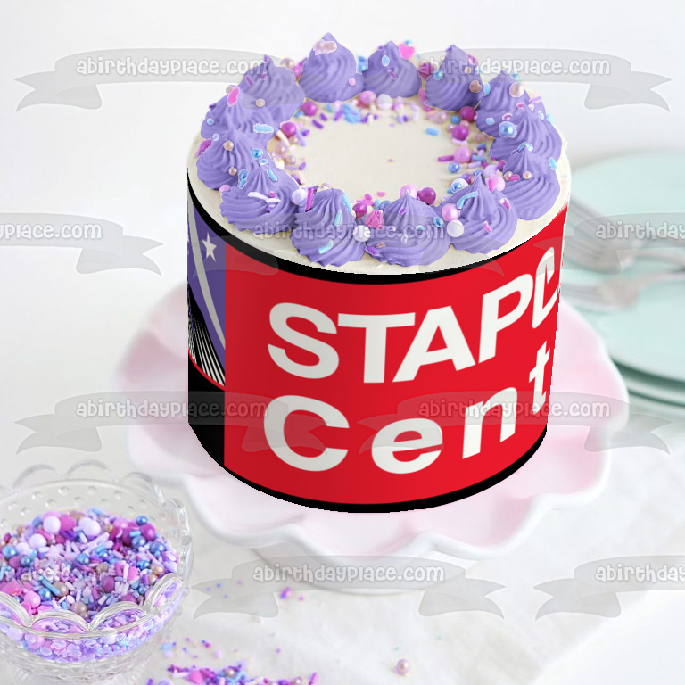 Imagen comestible para decoración de tarta con el logotipo del Staples Center, edificios y estrellas ABPID24053 