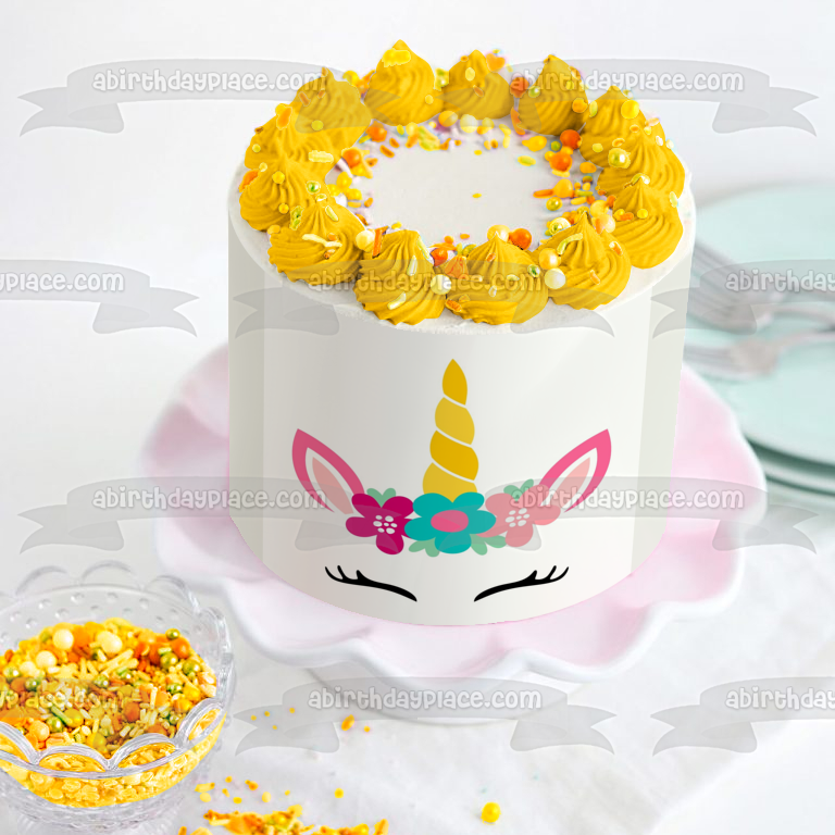 Adorno comestible para tarta con flores de dibujos animados de unicornio, imagen ABPID22519 