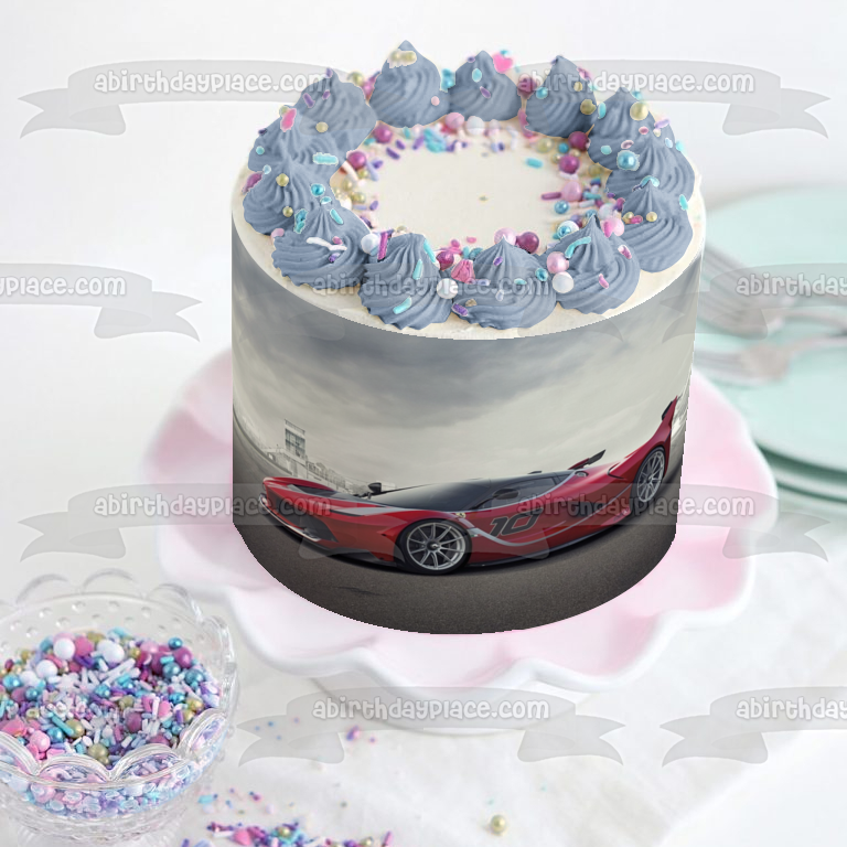 Red Race Car #10 Grey Sky Background Edible Cake Topper Image ABPID24336