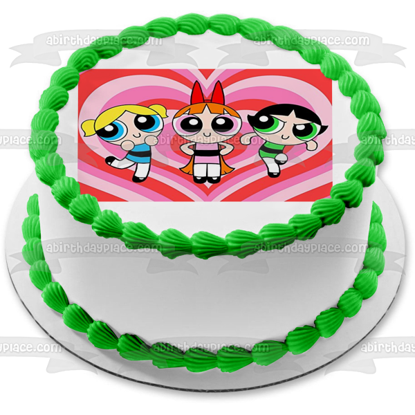 Power Puff Girls Flor Burbujas Botón de oro Corazones Fondo Imagen de adorno comestible para pastel ABPID24140 