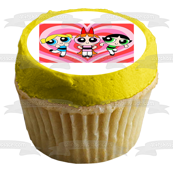 Power Puff Girls Flor Burbujas Botón de oro Corazones Fondo Imagen de adorno comestible para pastel ABPID24140 