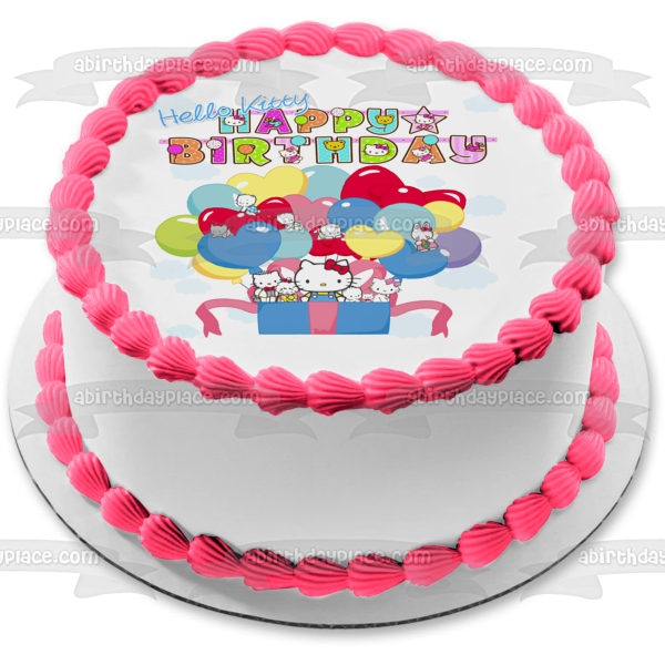 Globos de feliz cumpleaños de Hello Kitty y sus amigos presentan adorno comestible para pastel de Charmmy Kitty Imagen ABPID24297 