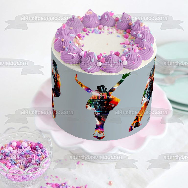 Decoración comestible para tarta con siluetas coloridas de Michael Jackson bailando ABPID26858 